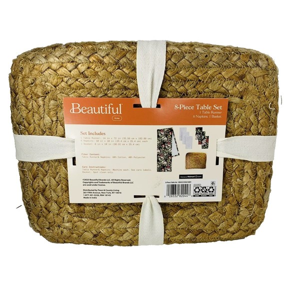 Drew Barrymore Table Runner 6 Napkins Basket Beautiful Gray + Floral 8-Piece Set - Picture 8 of 16